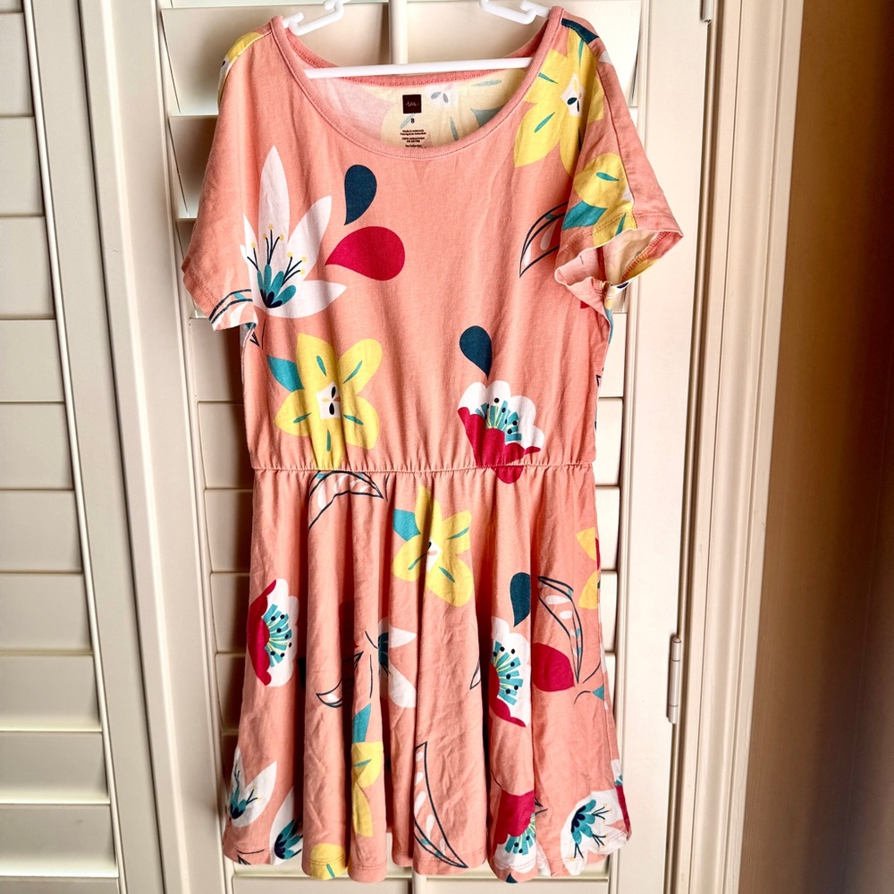 Tea‎ Collection Girls Dress 8 Coral Floral Short Sleeve Cotton Fit & Flare